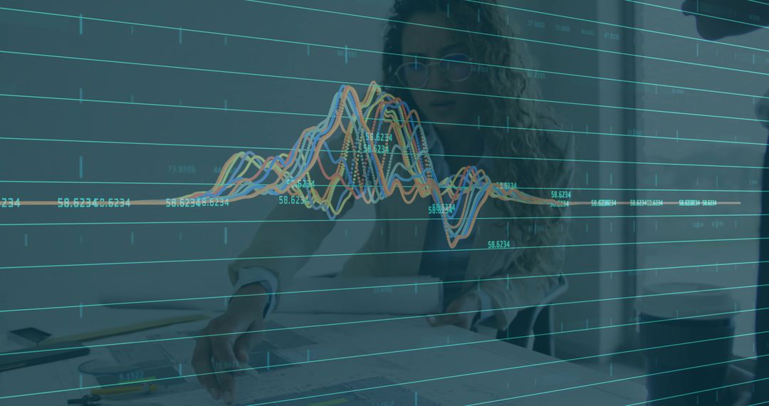 Businesswoman Analyzing Data Graphs with Technological Overlay