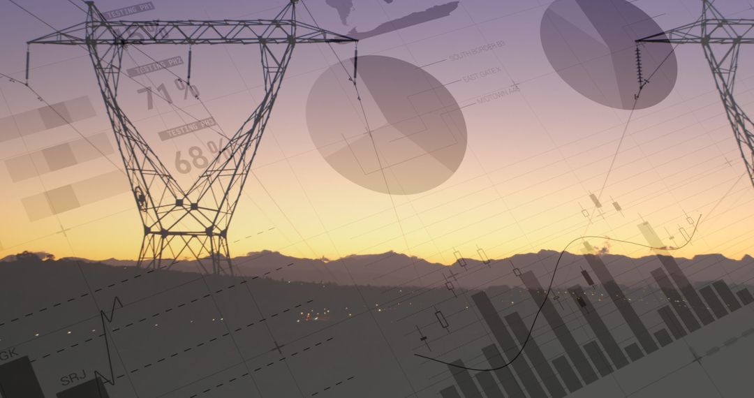 Electricity Transmission Towers with Graphical Data Overlay at Sunset