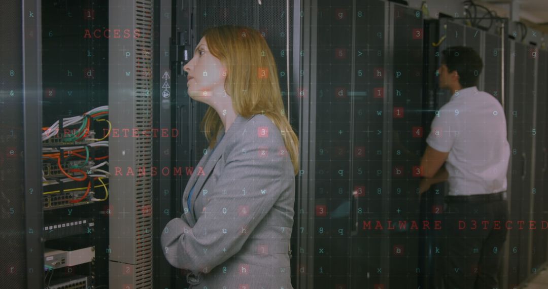 IT Professionals Monitoring Server Room with Cybersecurity Interface