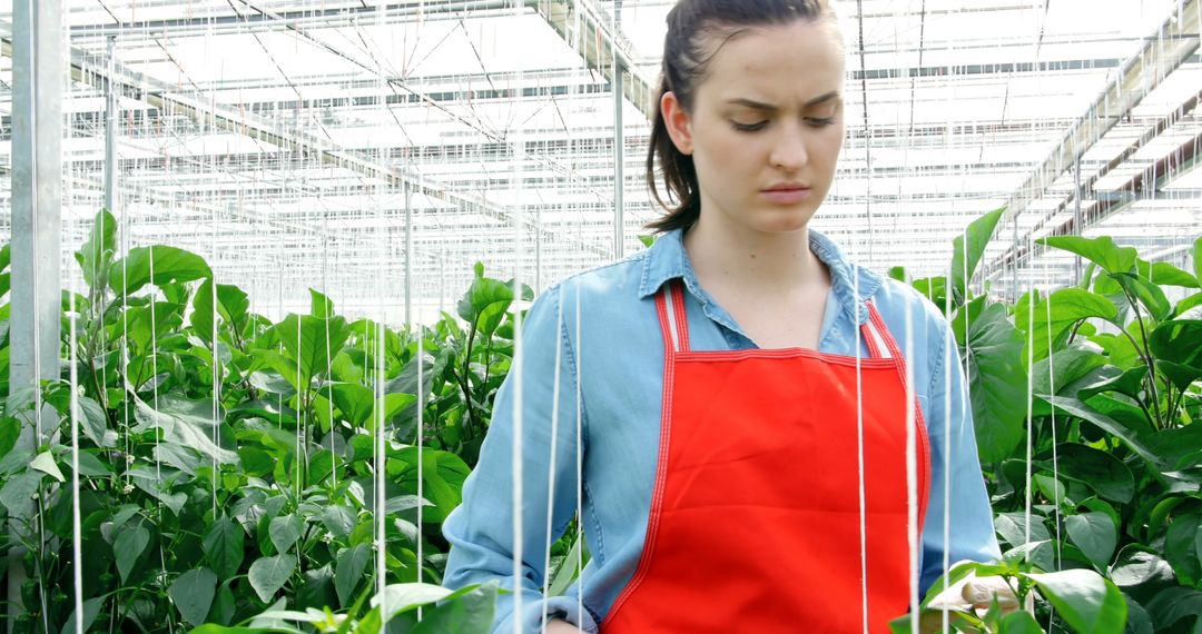 Woman in Greenhouse Inspecting Pepper Plants with Precision - Free Images, Stock Photos and Pictures on Pikwizard.com