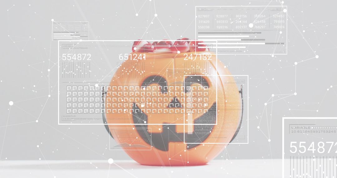 Jack-o'-lantern Pumpkin with Futuristic HUD Overlay Conveying Cyber Halloween Concept