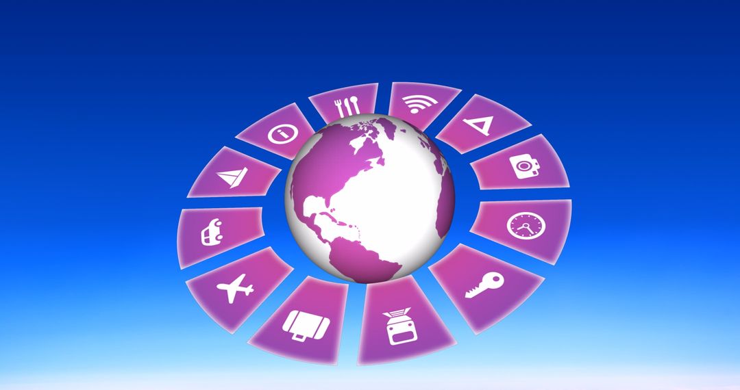 Global Travel Icons Surrounding Digital Globe on Sky Background