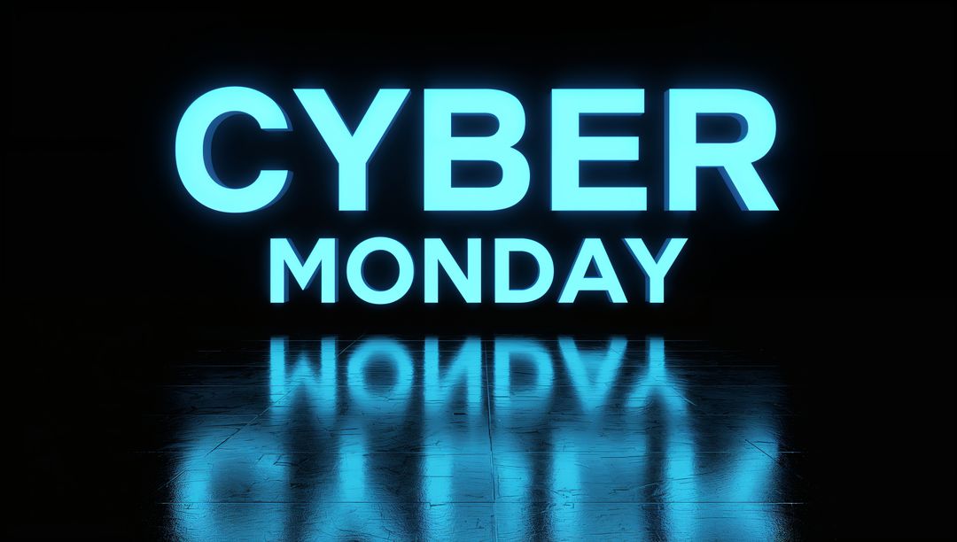 Glowing Cyan Cyber Monday Neon Sign Casting Strong Reflection on Glossy Planked Floor