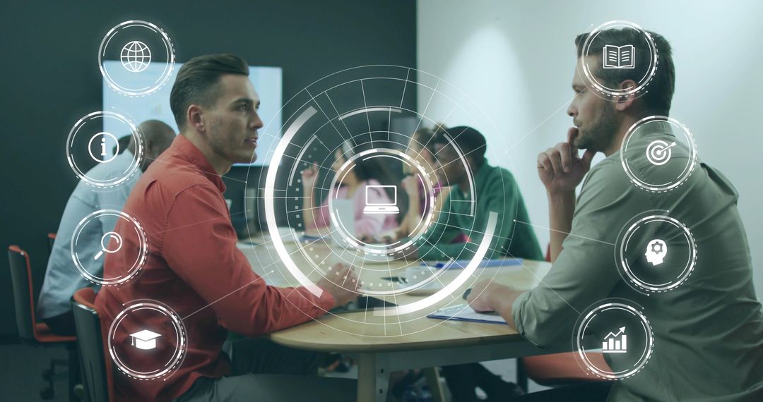 Collaborating colleagues discussing digital strategy with holographic icons and data