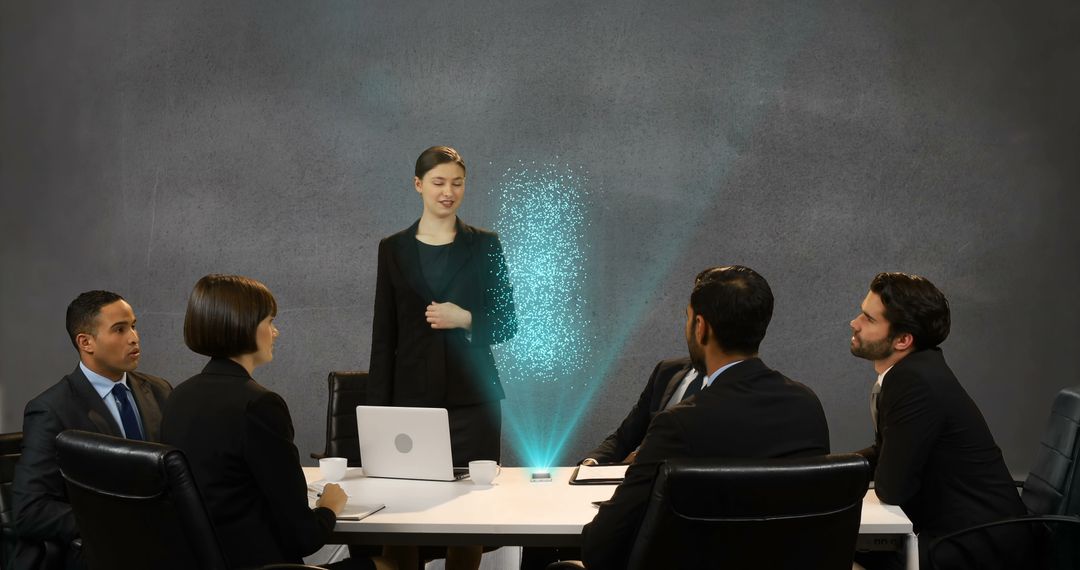 Business Team Engaging in Meeting with Digital Interface Projection