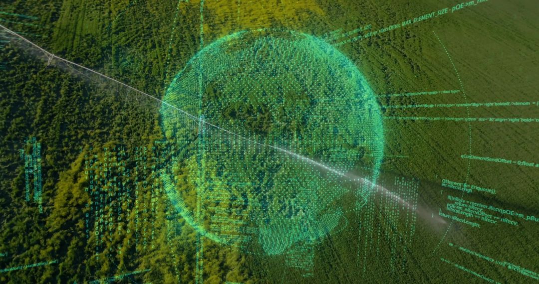 Digital data sphere hovering over forest canopy integration
