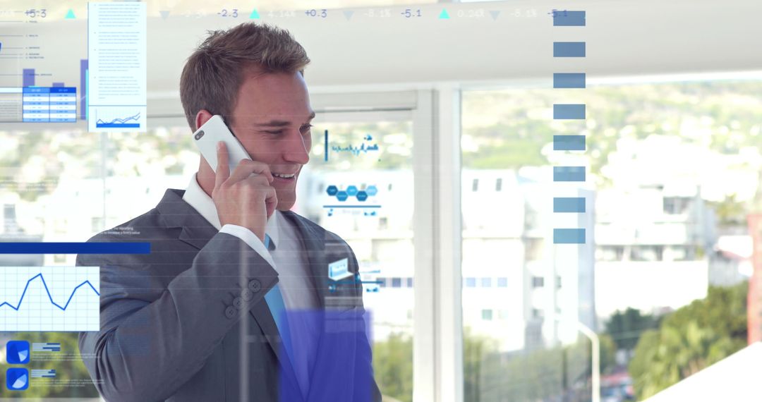 Business Professional Using Smartphone with Data Overlays