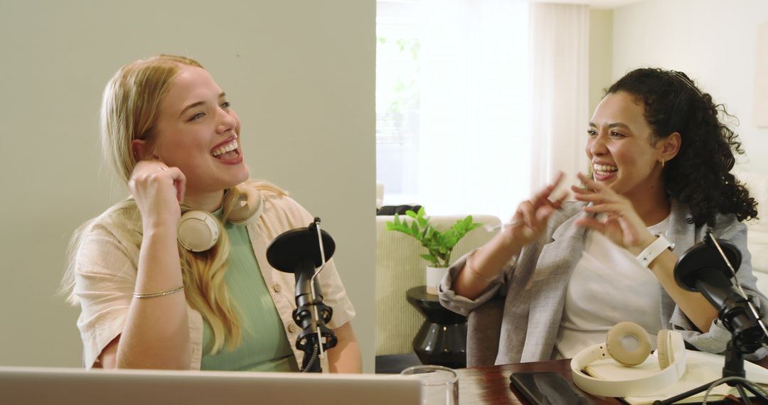 Diverse Female Podcasters Enjoying Recording Session