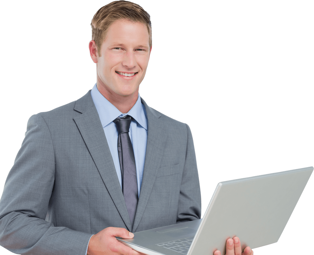 Transparent Image Smiling Businessman Using Laptop Technology