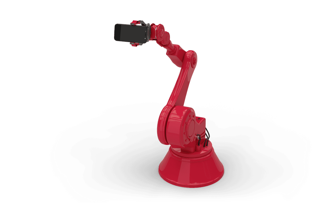 Red Robotic Arm Gripping Smartphone Isolated on Transparent Grid