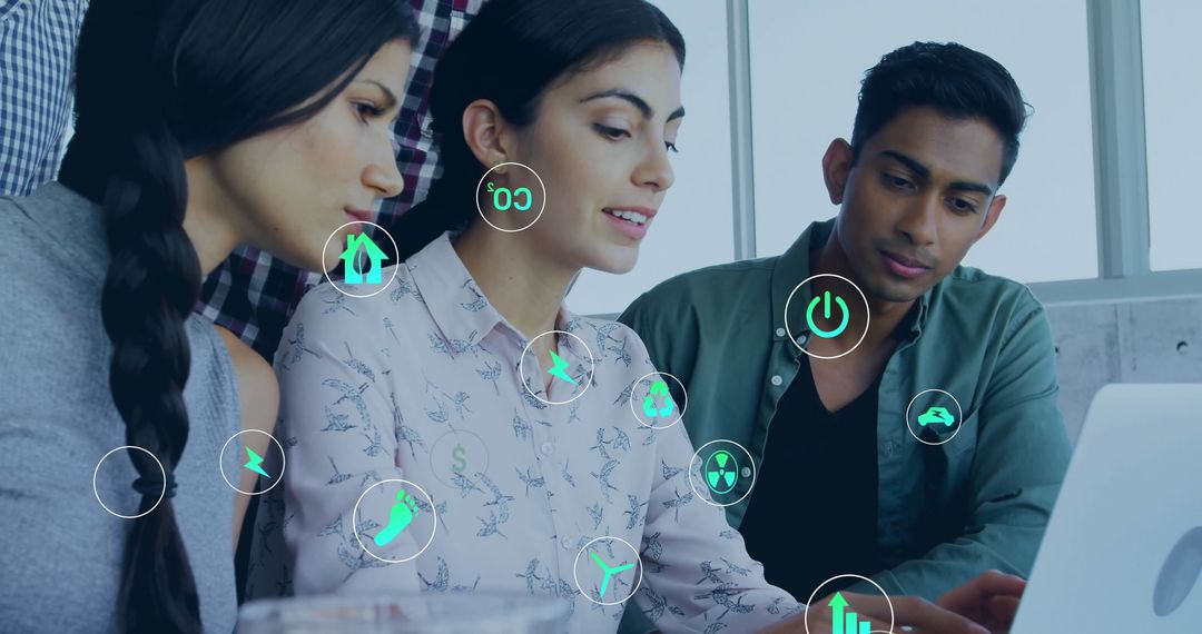 Diverse Team Collaborating with Digital Ecology Icons