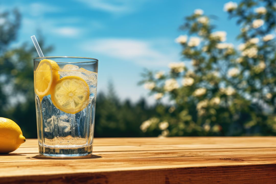 Refreshing Lemon Water with Ice on a Wooden Table Outdoors - Free Images, Stock Photos and Pictures on Pikwizard.com