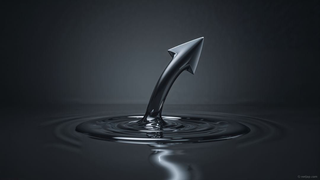 Emerging glossy black curved arrow with concentric ripples in dark liquid
