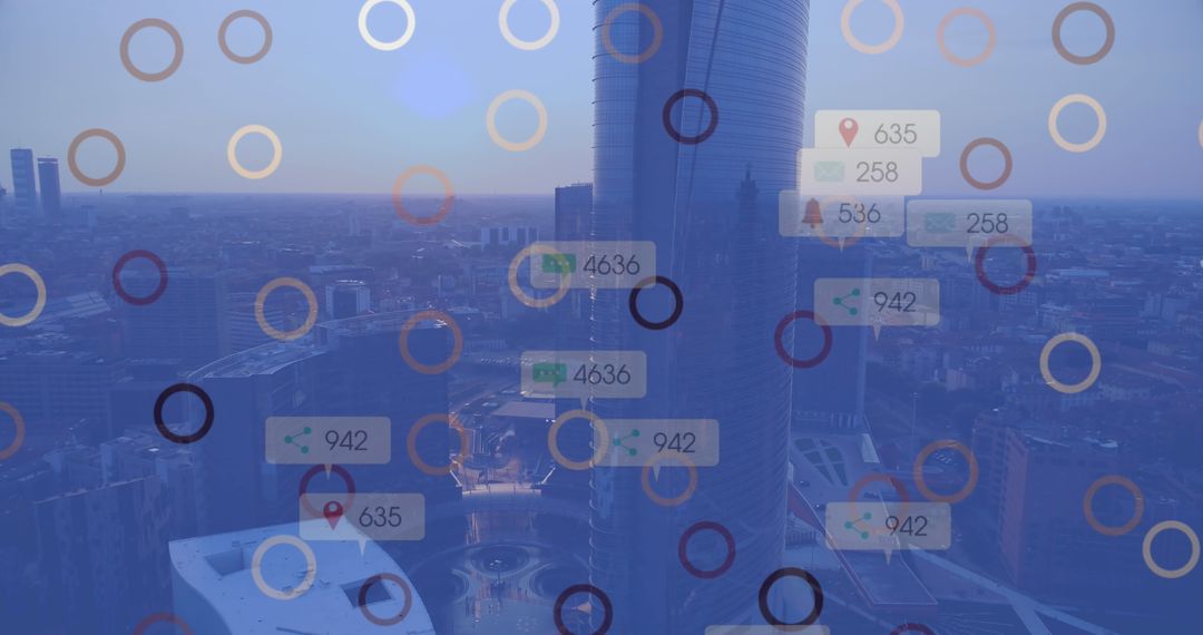 Cityscape with Digital Data Overlay and Modern Skyscrapers