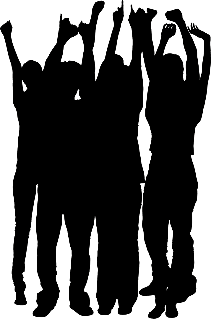 Silhouette Group Celebrating Victory with Raised Arms Transparent