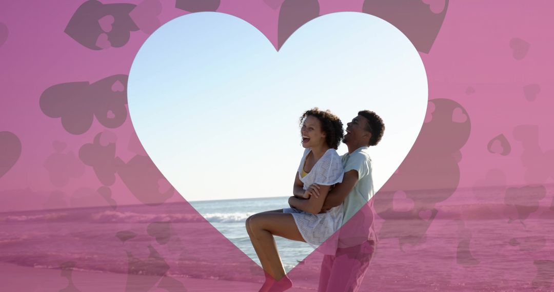Young Couple Enjoying Romantic Beach Vacation in Heart Frame