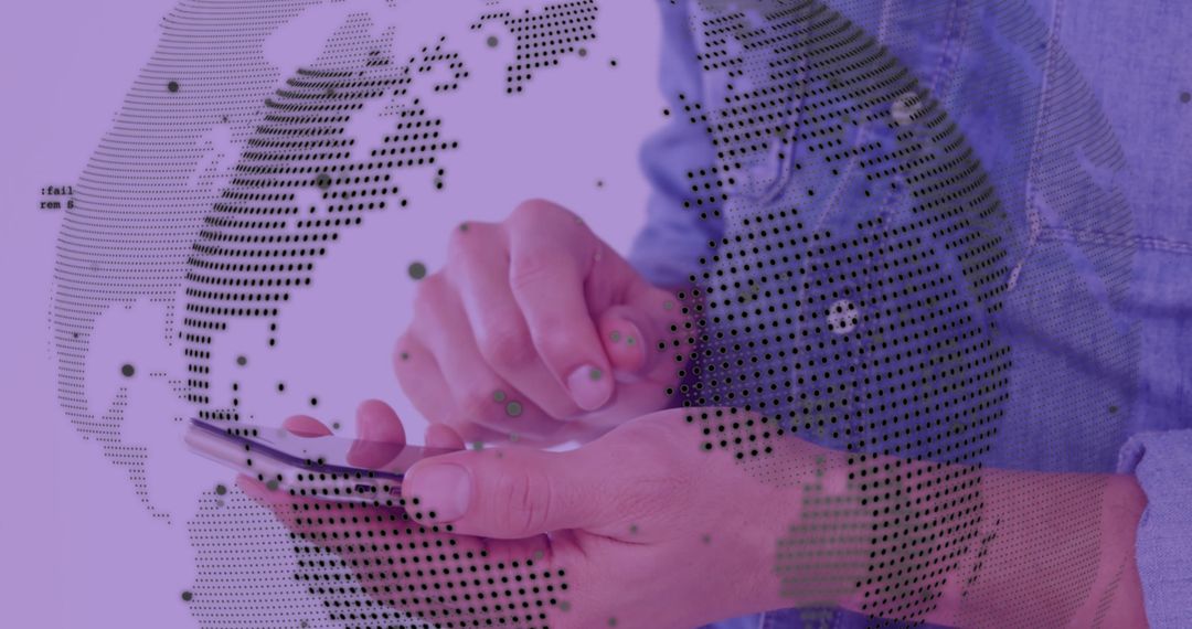 Hands Touching Smartphone Over Digital World Map Concept