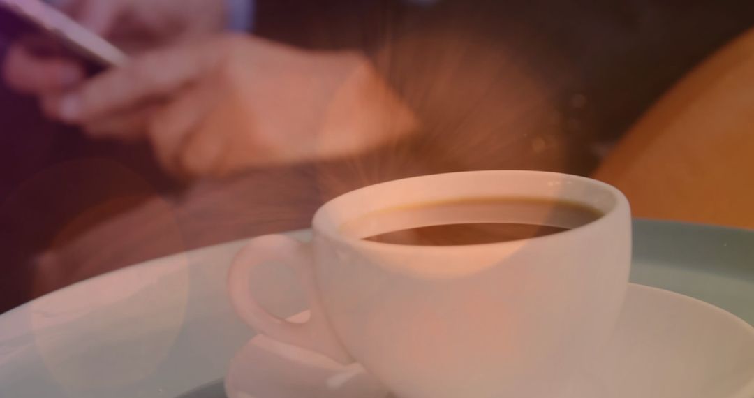 Businessman Using Smartphone With Warm Coffee Amidst Winter Scene