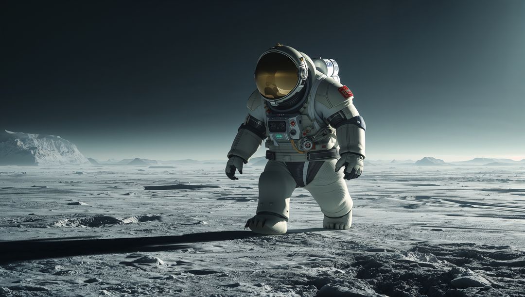 Astronaut Walking Across Frozen Lunar Plain Wearing Gold Visor and EVA Spacesuit