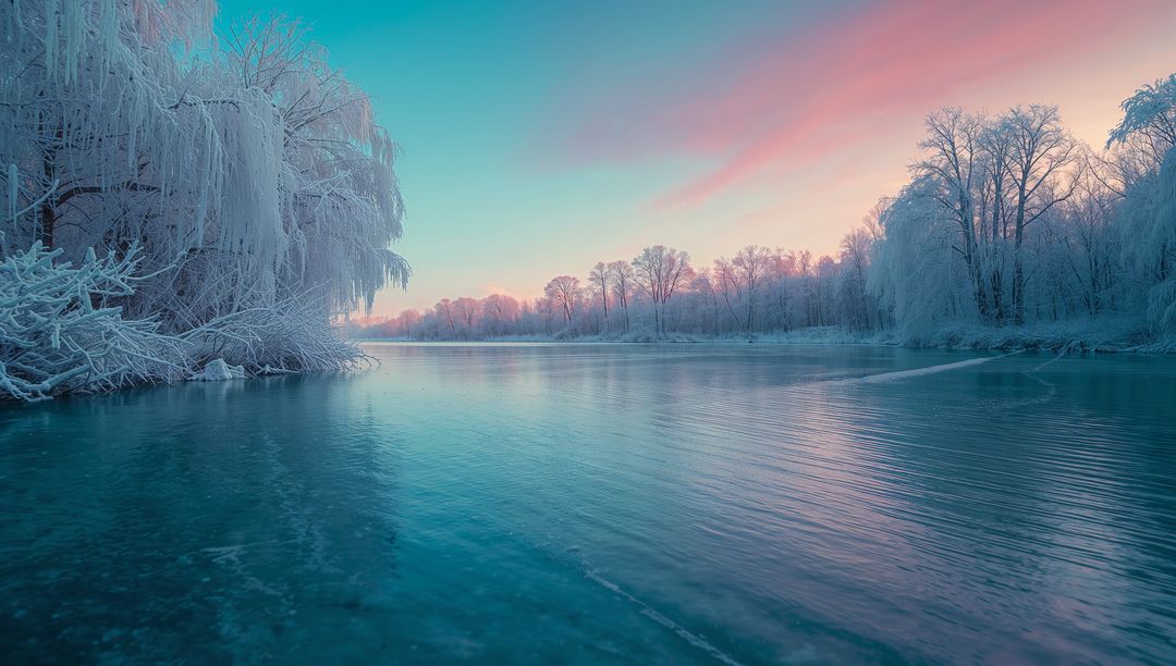 Serene Winter River at Dawn with Pastel Sky