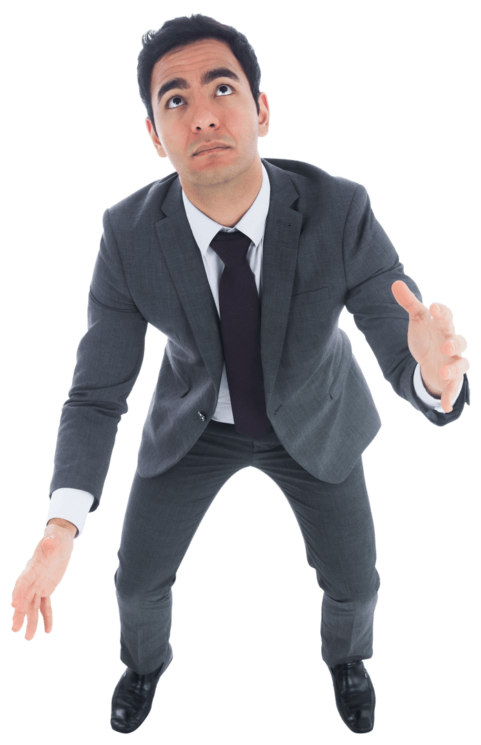 Transparent Businessman Reaching Upward in Focused Pose