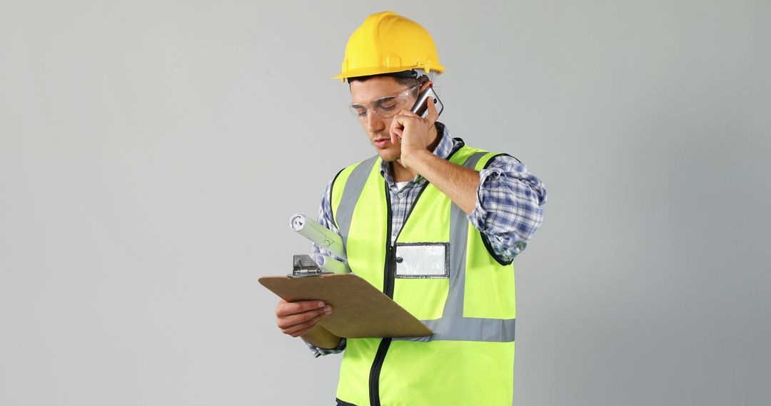 Construction Worker Talking on Phone Holding Clipboard - Free Images, Stock Photos and Pictures on Pikwizard.com