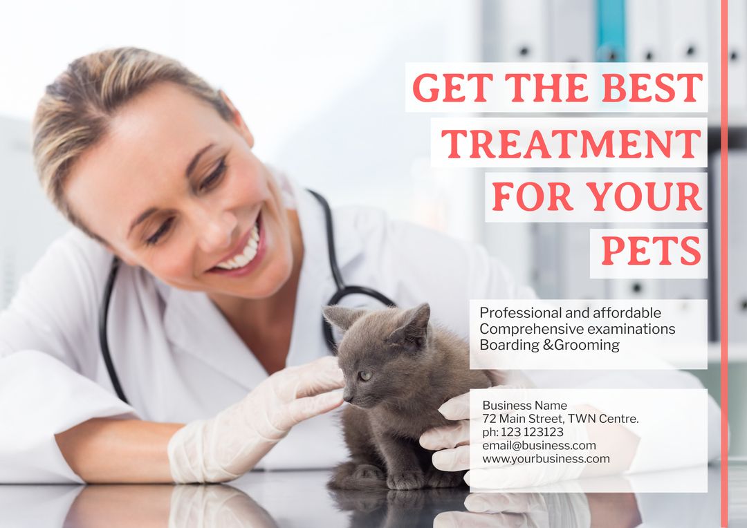 Smiling Veterinarian Gently Examining Calm Kitten