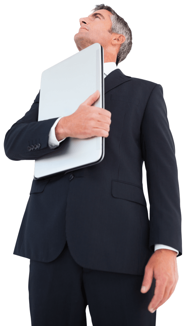 Businessman Proudly Holding Laptop with Upward Gaze on Transparent Background