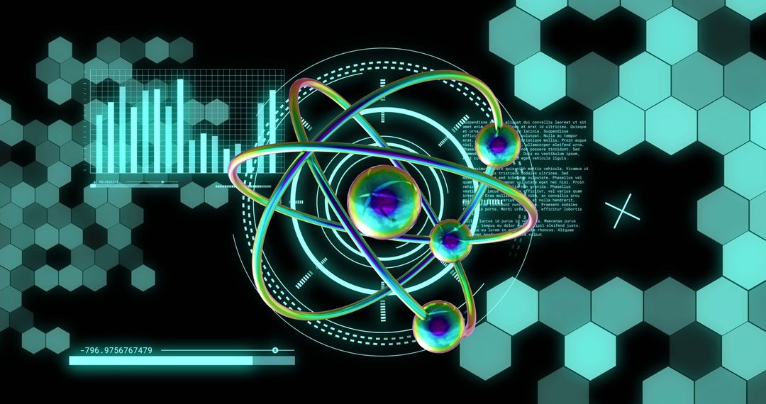 Futuristic Digital Atom Model with Data Visualization Elements