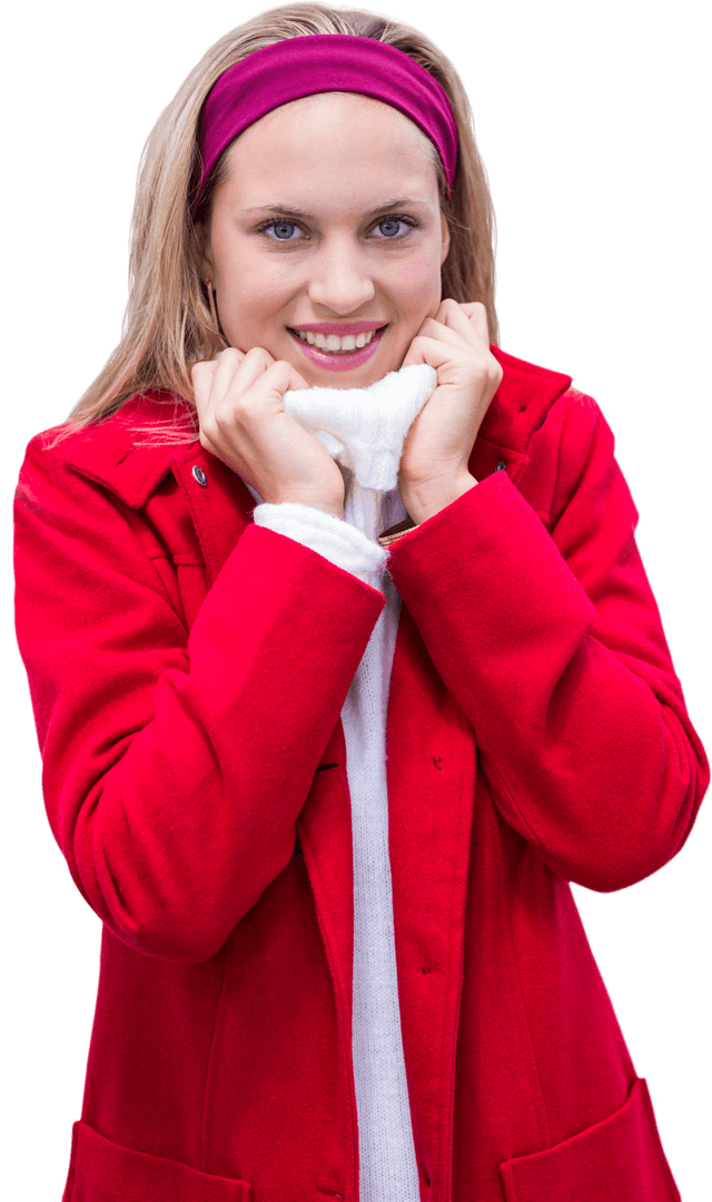 Smiling Woman with Red Jacket: Transparent Background