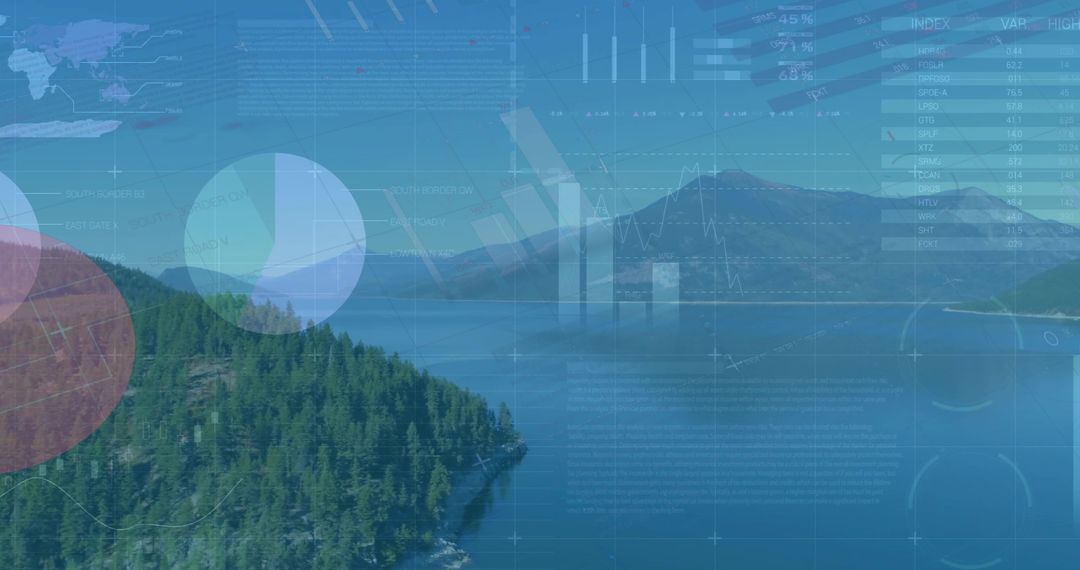 Mountain Lake with Digital Data Overlay Illustrating Technology Impact