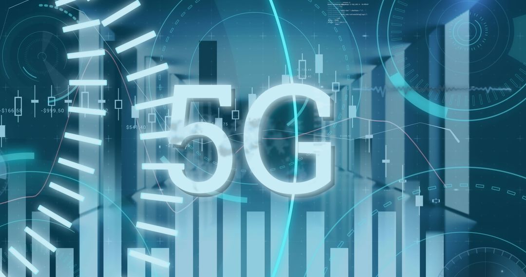 5G Technology Network Overlays on Server Room Background