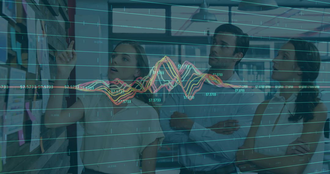 Team Collaborating in Office with Analytics Chart Overlay