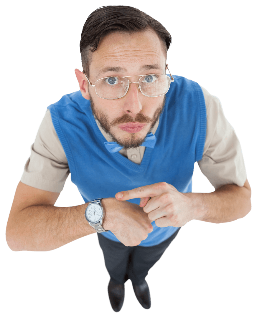 Geeky Hipster Pointing at Wristwatch with Transparent Background