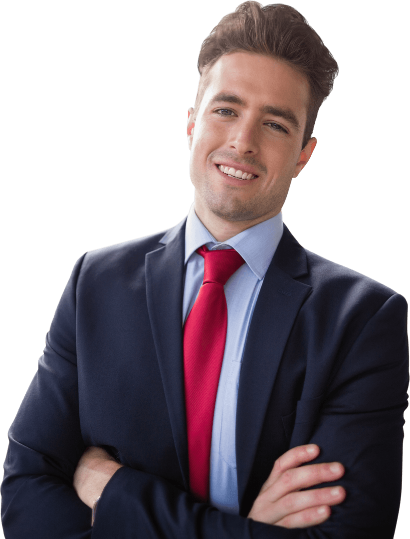 Transparent Confident Businessman in Suit with Red Tie Crossing Arms