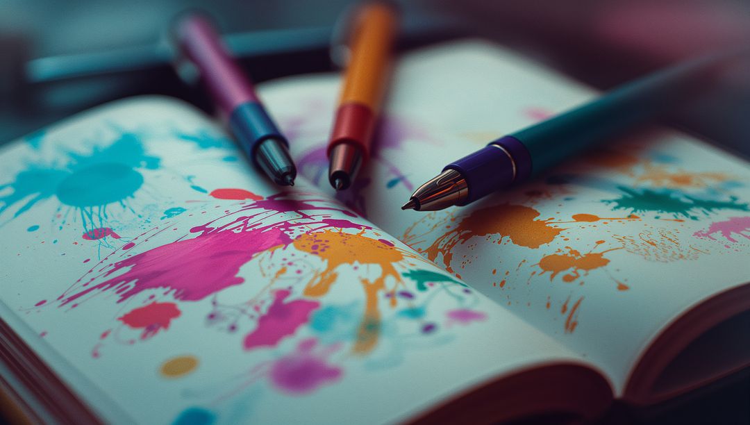 Colorful Rollerball Pens on Open Sketchbook with Ink Splatters