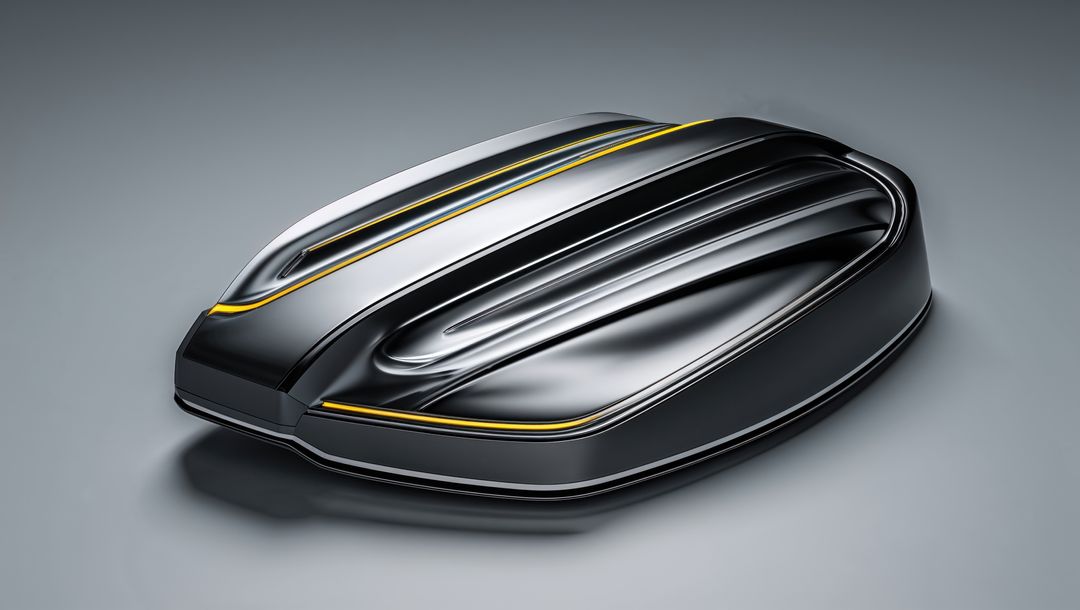 Futuristic black container with aerodynamic design, streamline form