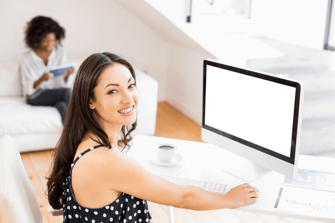 Woman at Home Office with Transparent Computer Screen