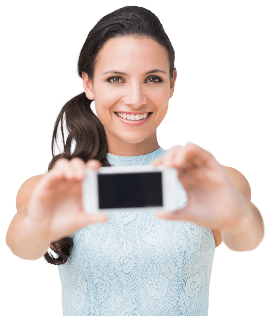 Smiling Woman Holding Mobile Phone with Transparent Background