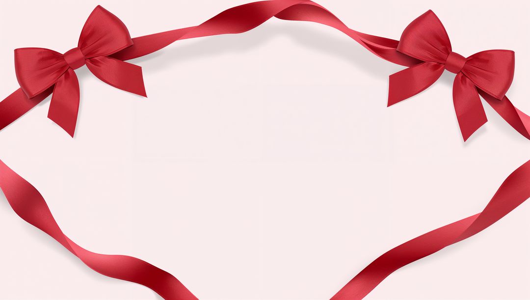 Red Satin Ribbon Framing Heart Shape with Two Bows on Blush Background for Greeting Cards