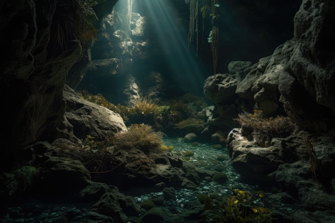 Rays of sunlight and plant life in underwater cave, created using generative ai technology - Free Images, Stock Photos and Pictures on Pikwizard.com