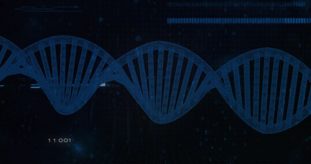 Displaying Blue Digital DNA Double Helix Across Futuristic Data Interface