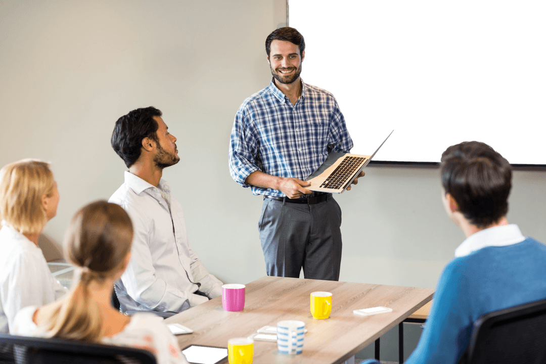 Transparent Colleague Discussion with Smiling Presenter in Relaxed Office