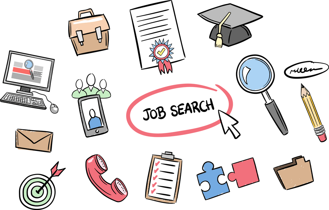 Digital Icons for Job Search and Education on Transparent Background