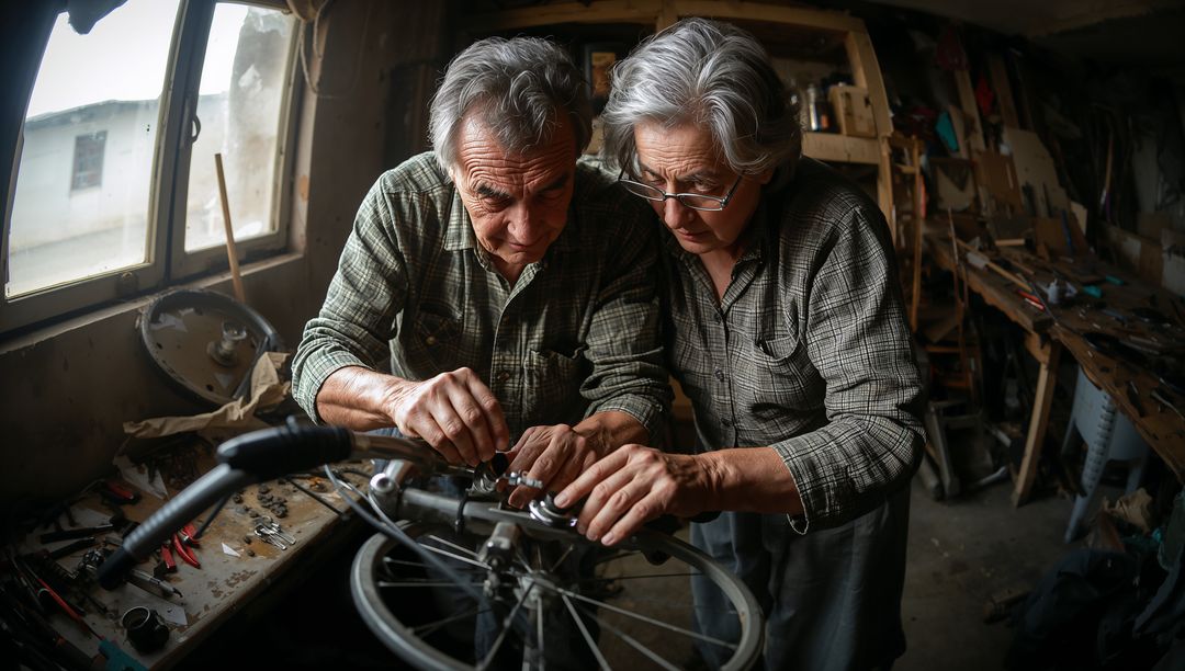 Senior Couple Repairing Bicycle Together in Rustic Workshop, Collaborating on Brakes