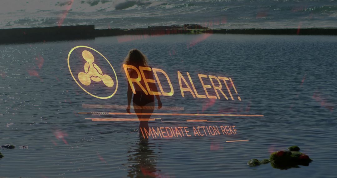 Woman Walking in Water with Red Alert Safety Overlay