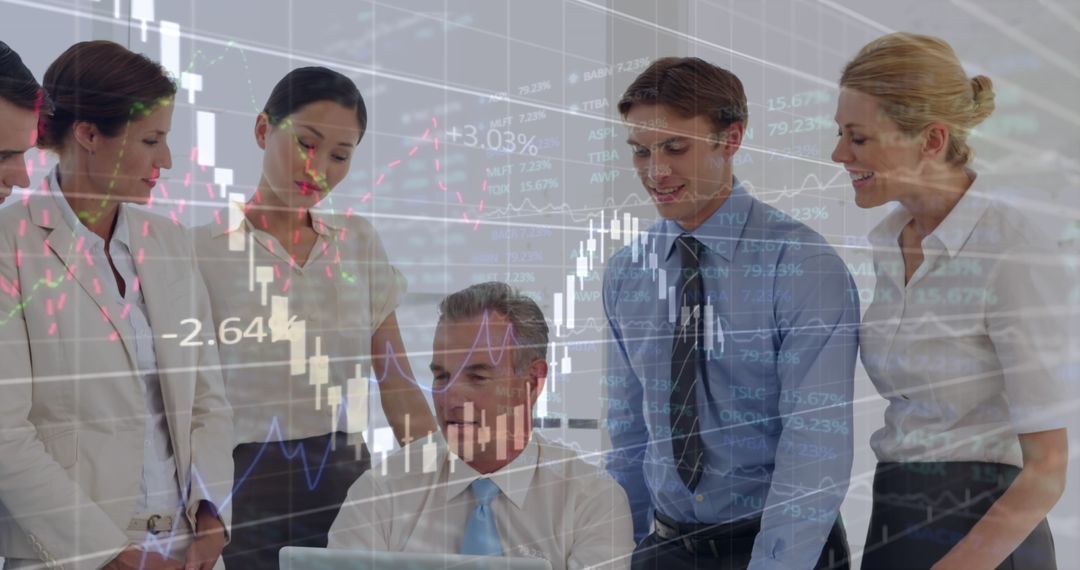 Business Team Analyzing Financial Graphs on Laptop Screen