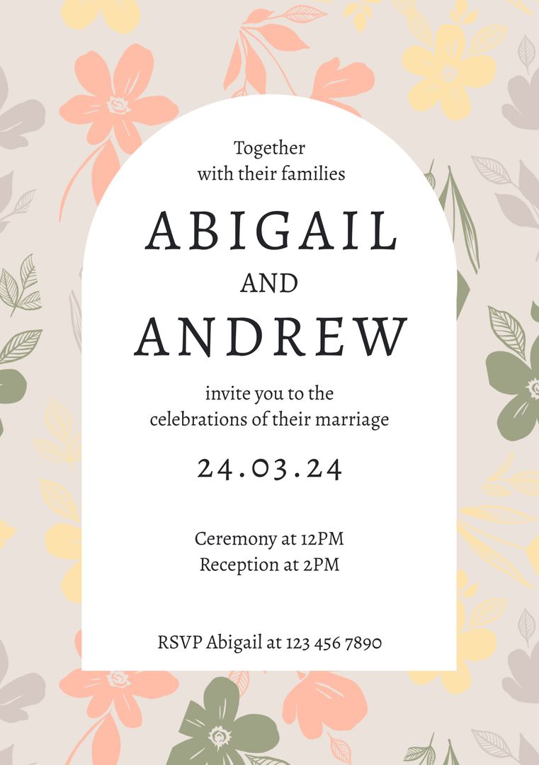 Floral Wedding Invitation Template with Beige Background - Download Free Stock Templates Pikwizard.com