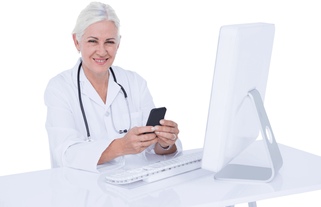 Smiling Transparent Female Doctor Using Mobile Phone at Desk