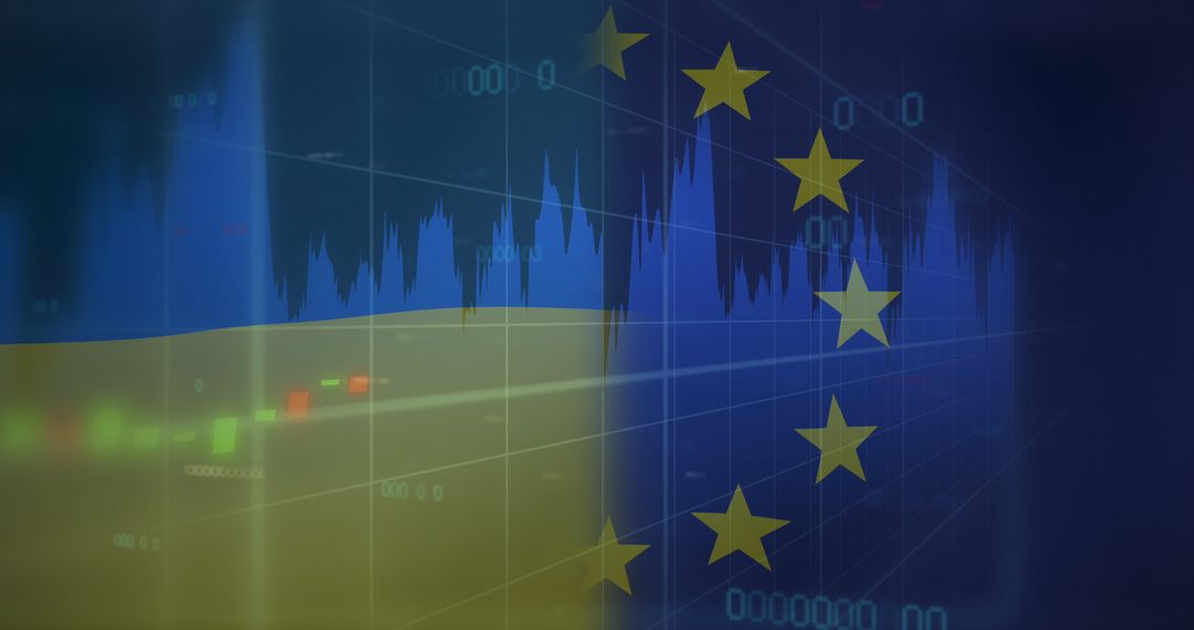 Ukrainian and EU Flag Overlay with Financial Data